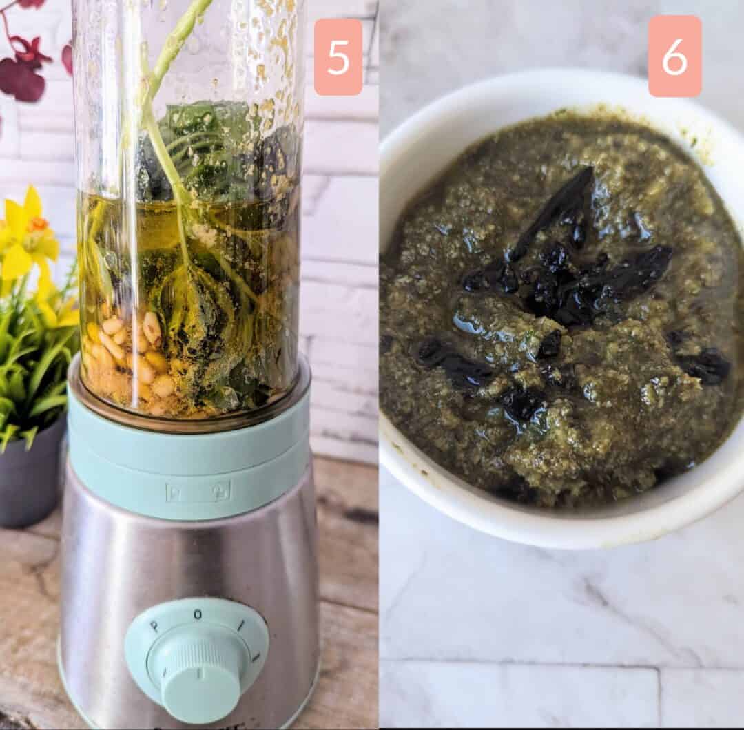 An image of two pictures: in the first, the ingredients are in a blender,; in the second, the blended pesto is in a small serving bowl.