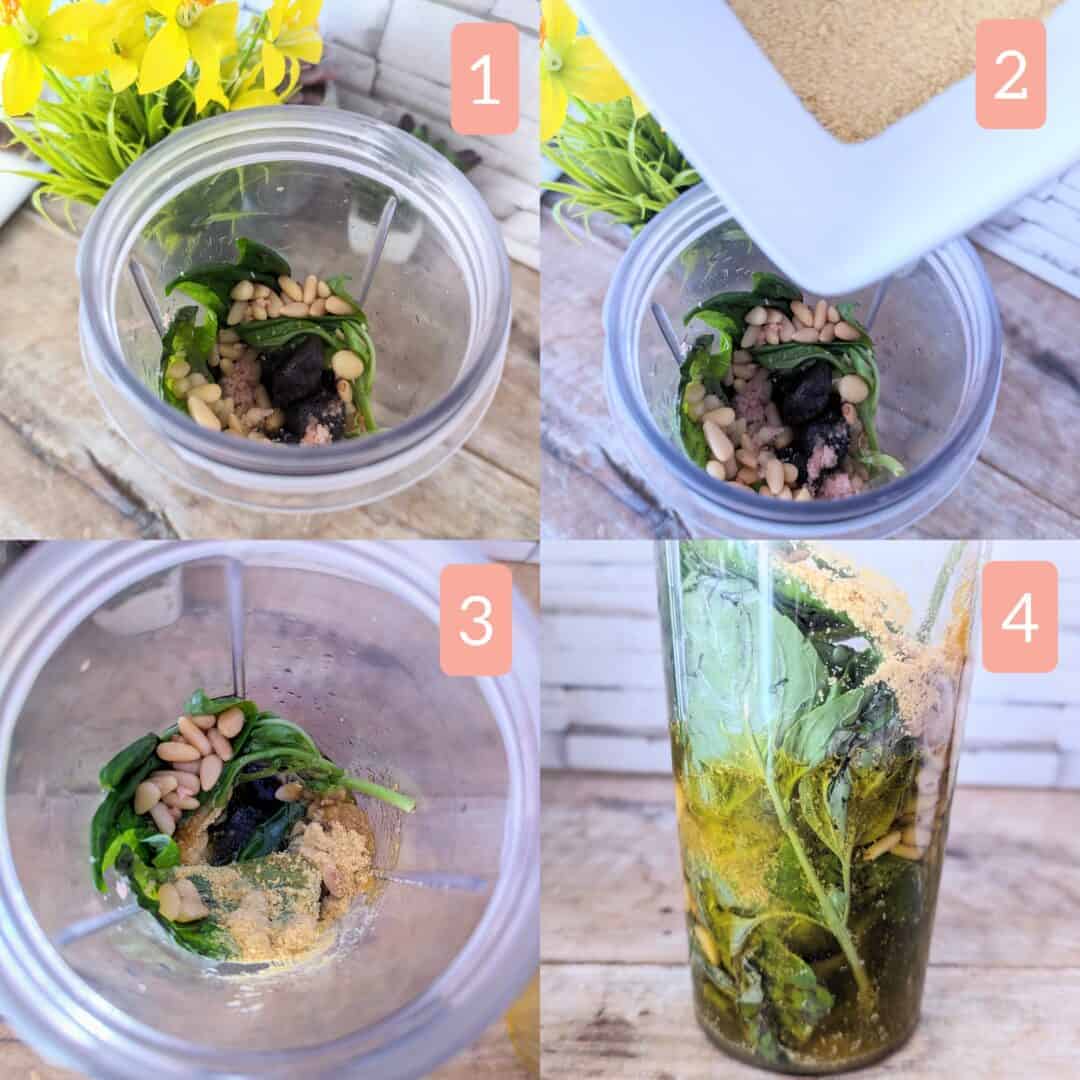 Four-process image collage: 1) Ingredients sequentially added to blender, 2) Continued addition of ingredients, 3) Final ingredients being poured, 4) All ingredients blended together in the blender.