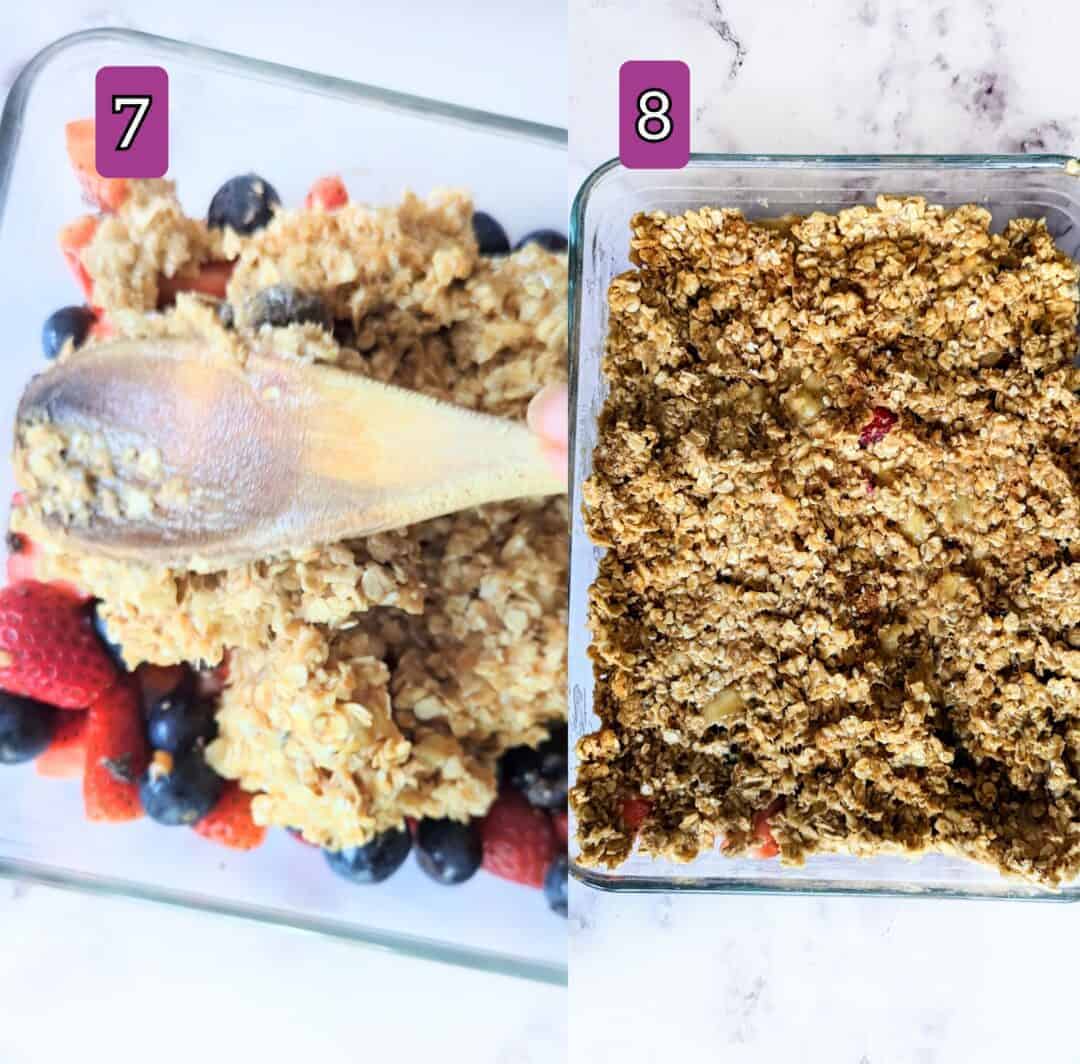 A collage featuring two images side by side. On the left, the crumble mixture being spread evenly over the berries in a baking dish. On the right, the berries covered with the crumble mixture, ready for baking.