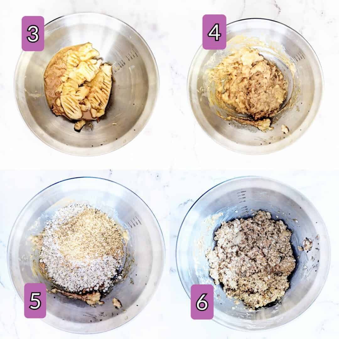A collage of four images illustrating the step-by-step process of making a crumble. From left to right: 1. Bananas and almond butter in a bowl, 2. Mashing the bananas and almond butter together, 3. Adding dry ingredients to the mixture, 4. Blending all ingredients to create the crumble mixture.