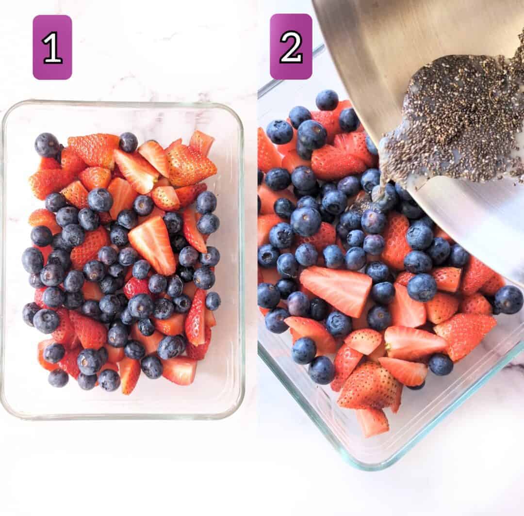 Two images side by side: One shows a colorful assortment of berries in a dish, while the other depicts a pour of chia seeds and milk over the berries.