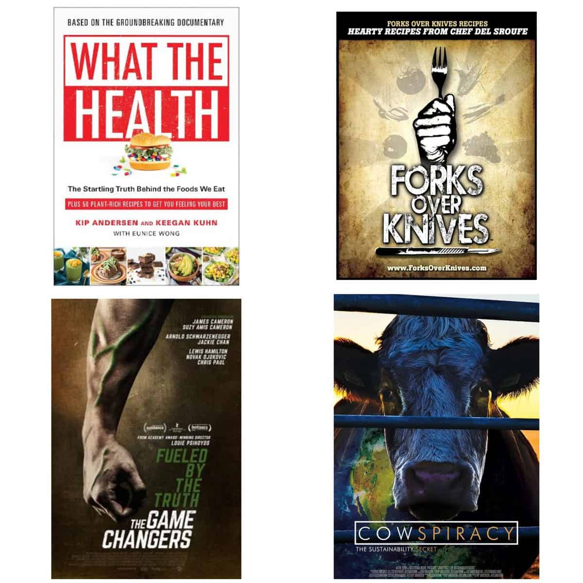 An image of four vegan documentaries: 1. What the Health, 2. Forks Over Knives, 3. The Game Changers, and 4. Cowspiracy.