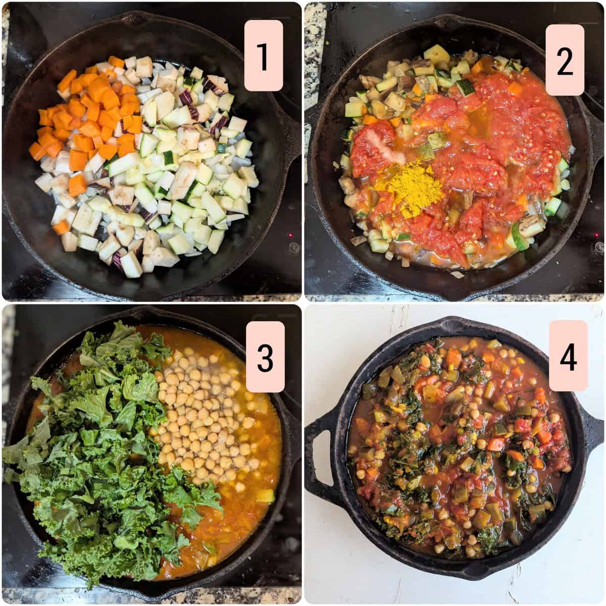 Collage of four process shots for making chickpea and vegetable lasagna filling in a cast iron skillet. Image 1: Diced carrots, zucchini, and eggplant being sautéed. Image 2: Plum tomatoes and turmeric added to the skillet. Image 3: Chickpeas and kale added to the mixture. Image 4: Fully cooked vegetable and chickpea filling, ready for layering in the lasagna.