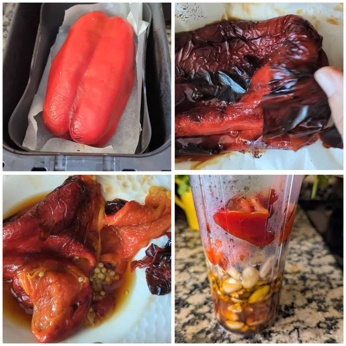 Collage showing the process of making roasted red pepper muhammara: (Top left) A whole red pepper placed in an air fryer.(Top right) The pepper with blackened skin being peeled off. (Bottom left) The pepper with seeds being removed. (Bottom right) A blender cup filled with all the ingredients.