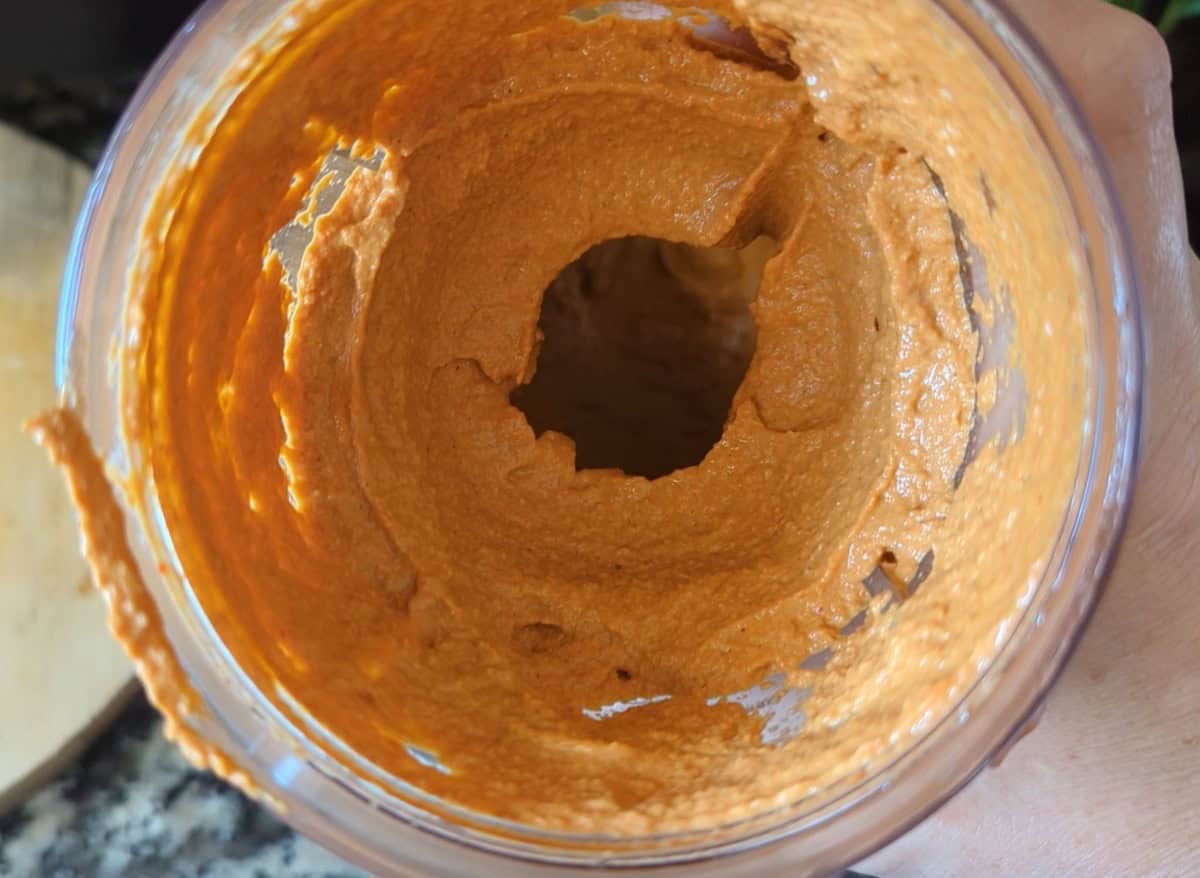 Muhammara gluten-free and with no sweetener freshly blended, still in the blender.
