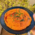 A middle eastern red pepper dip, muhammara sprinkled with parsley and sweet paprika. A plant is burred in the background.