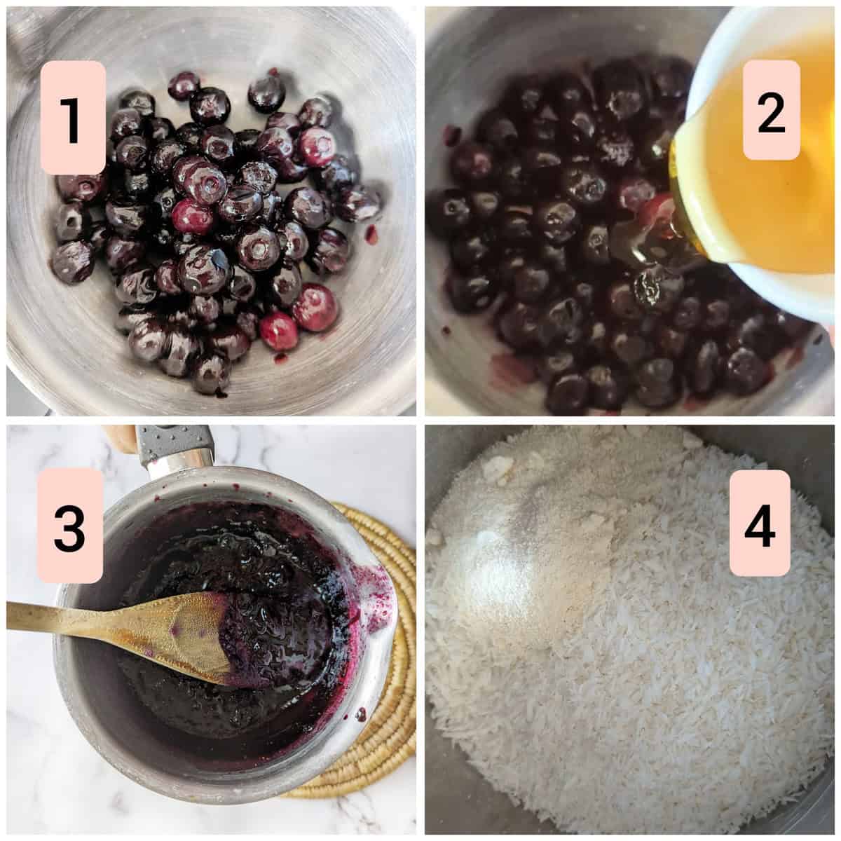 Steps showing blueberries with syrup, cooked blueberry mix, and coconut mixture for Chocolate Bounty Blueberry Bites