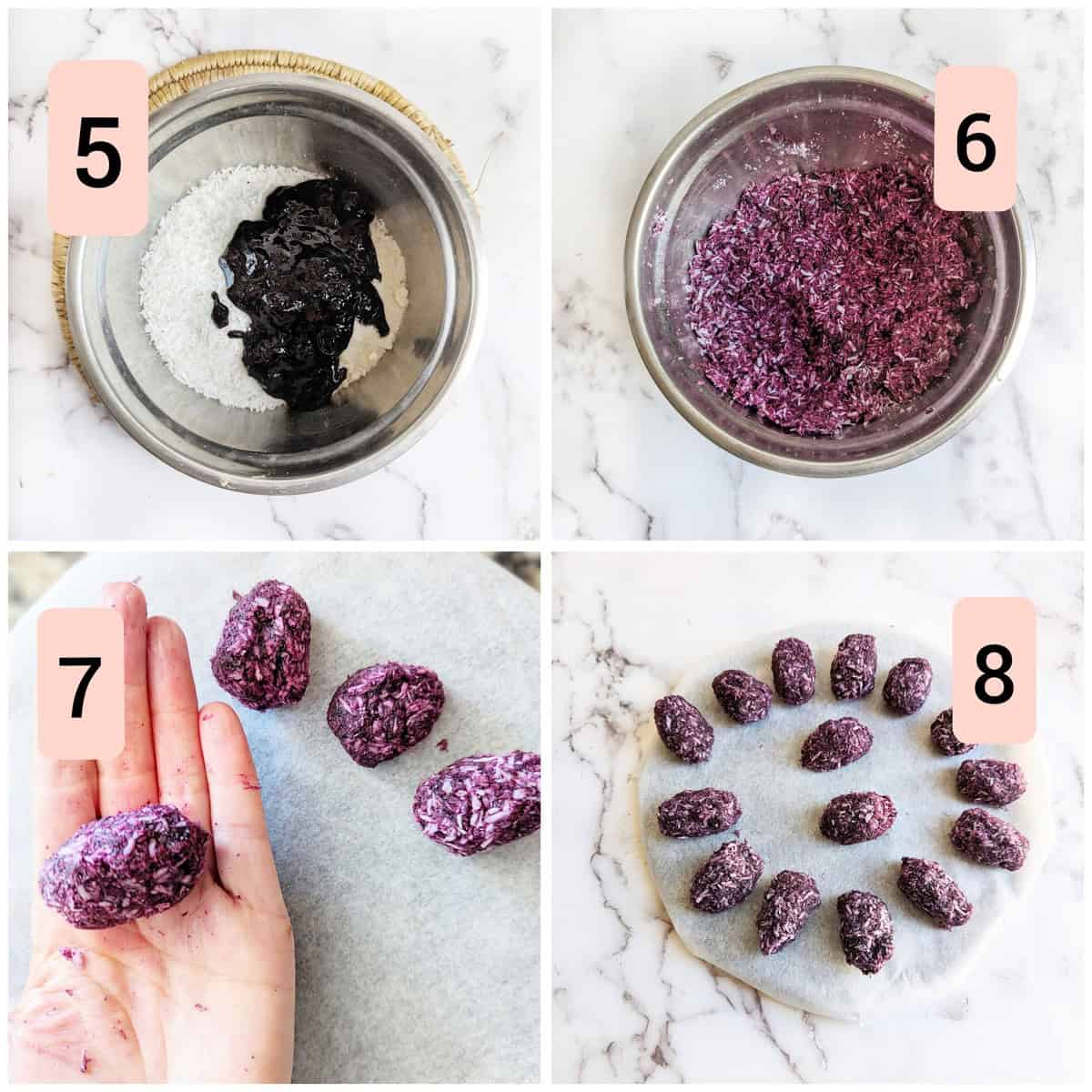 Steps showing blueberries with coconut, coconut ad blueberry jam mixed, hand rolling the blueberry bitesand coconut mixture for Chocolate Bounty Blueberry Bites, 15 sweat treats on a plate.