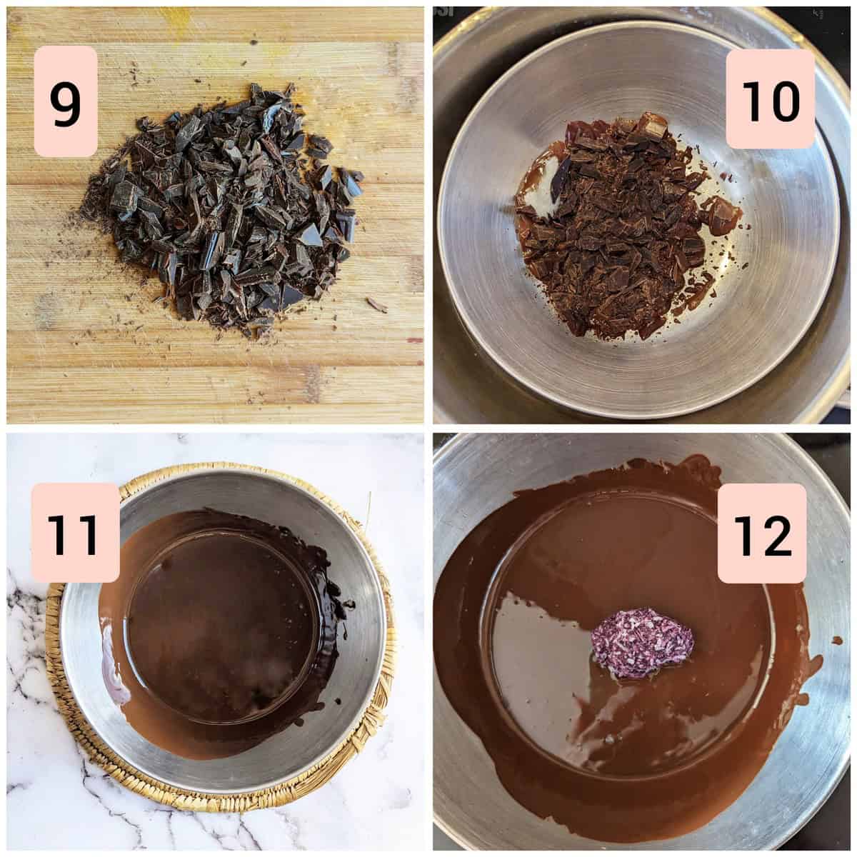 Steps showing chopped chocolate, chocolate and coconut oil, melted chocolate and blueberry bites dipped in the chocolate.