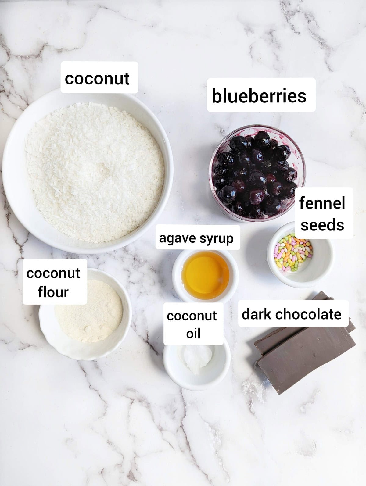 Ingredients for Chocolate Bounty Blueberry Bites laid out on a white marble surface, including shredded coconut, blueberries, fennel seeds, agave syrup, coconut flour, coconut oil, and dark chocolate