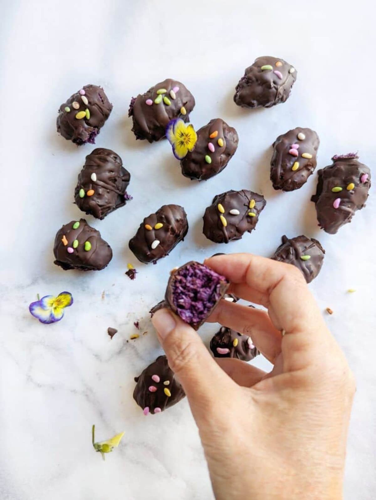 Chocolate Bounty Blueberry Bites with a hand holding one half eaten.
