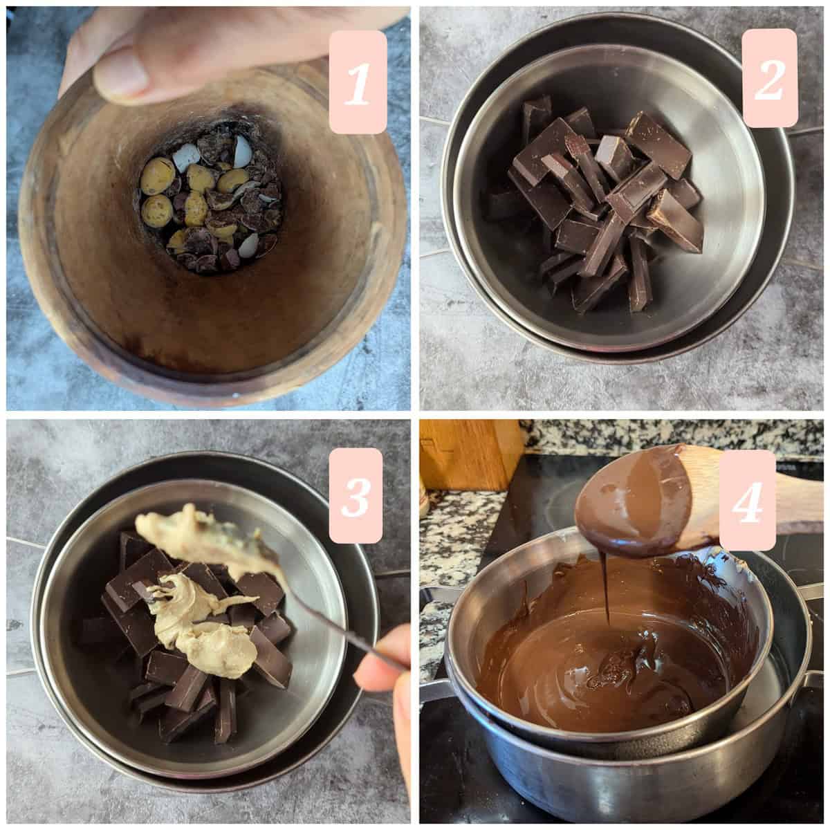 Step-by-step collage showing how to make Rocky Road: crushing Easter mini eggs, melting dark chocolate in a double boiler, adding nut butter, and stirring until smooth and glossy.