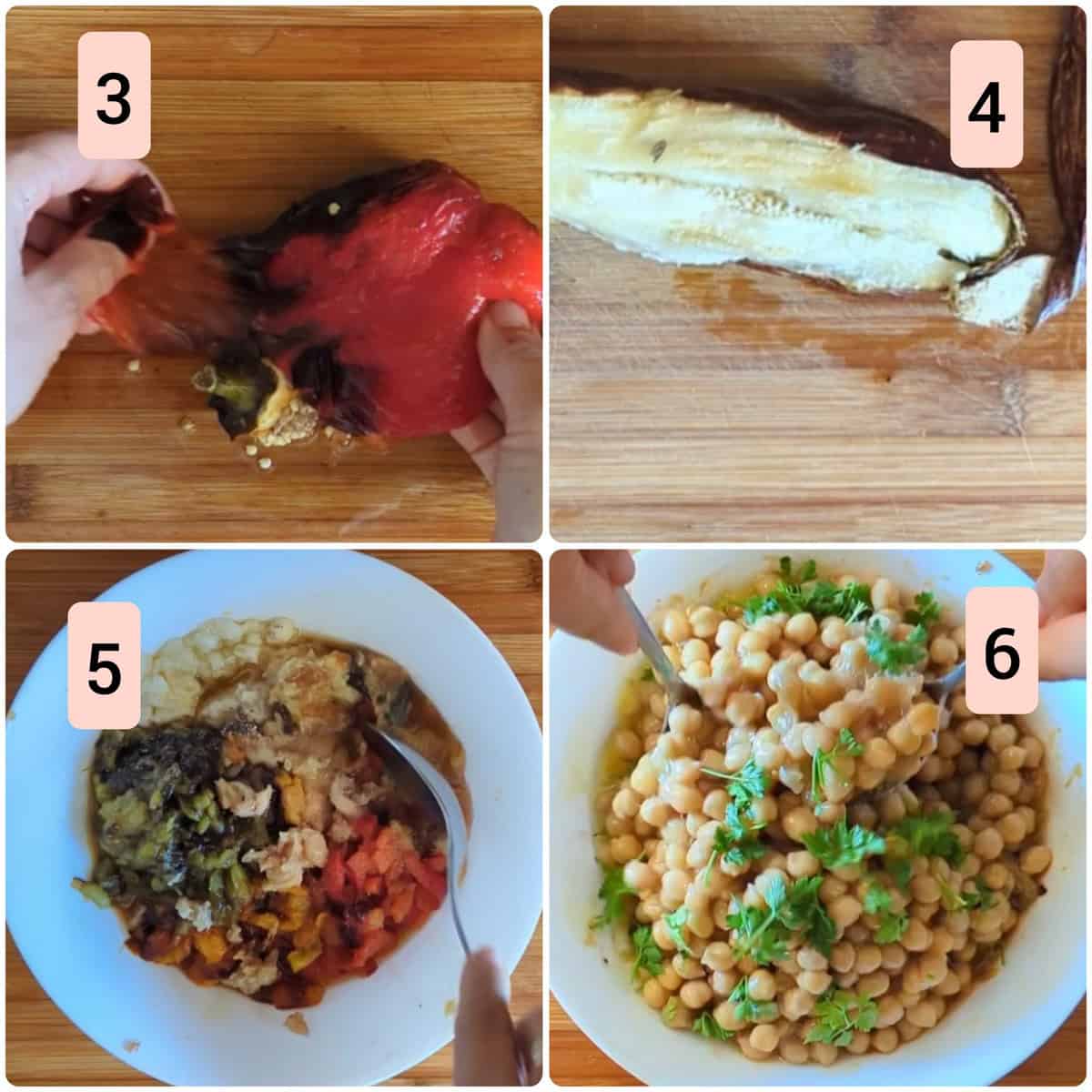 Step-by-step preparation of roasted vegetable chickpea salad, from peeling and chopping to mixing with chickpeas and parsley.