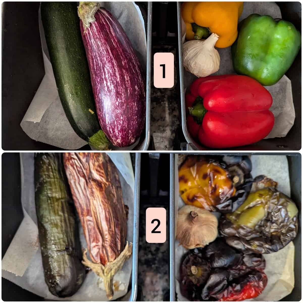 Before and after roasting zucchini, eggplant, bell peppers, and garlic for chickpea salad.