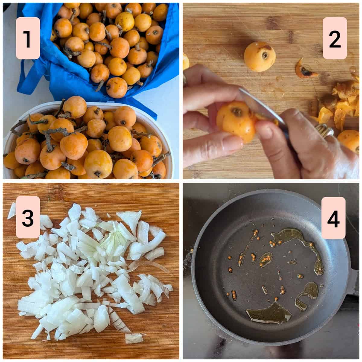 Step-by-step images showing ripe nísperos, peeling the fruit, chopped onion, and oil heating in a pan with mustard and coriander seeds.