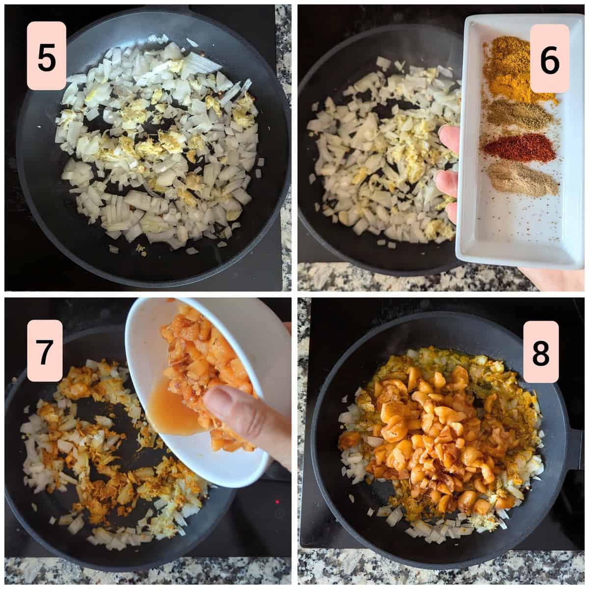 Step-by-step images showing fried onion and garlic, pices added, nisperos added, all the ingredients conbined.