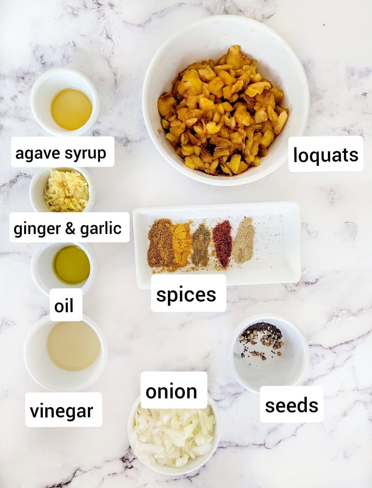 Ingredients for loquat (níspero) chutney, including chopped loquats, onion, vinegar, oil, agave syrup, ginger and garlic, spices, and whole seeds displayed on a white background.