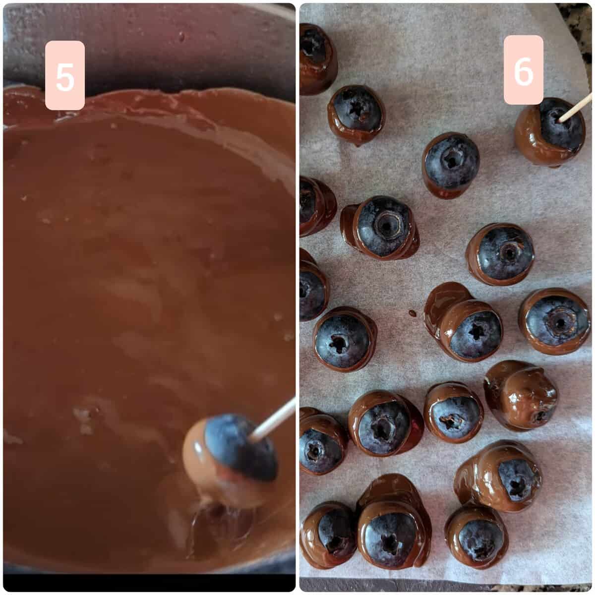 Dipping blueberries into melted chocolate and placing them on parchment paper to set.