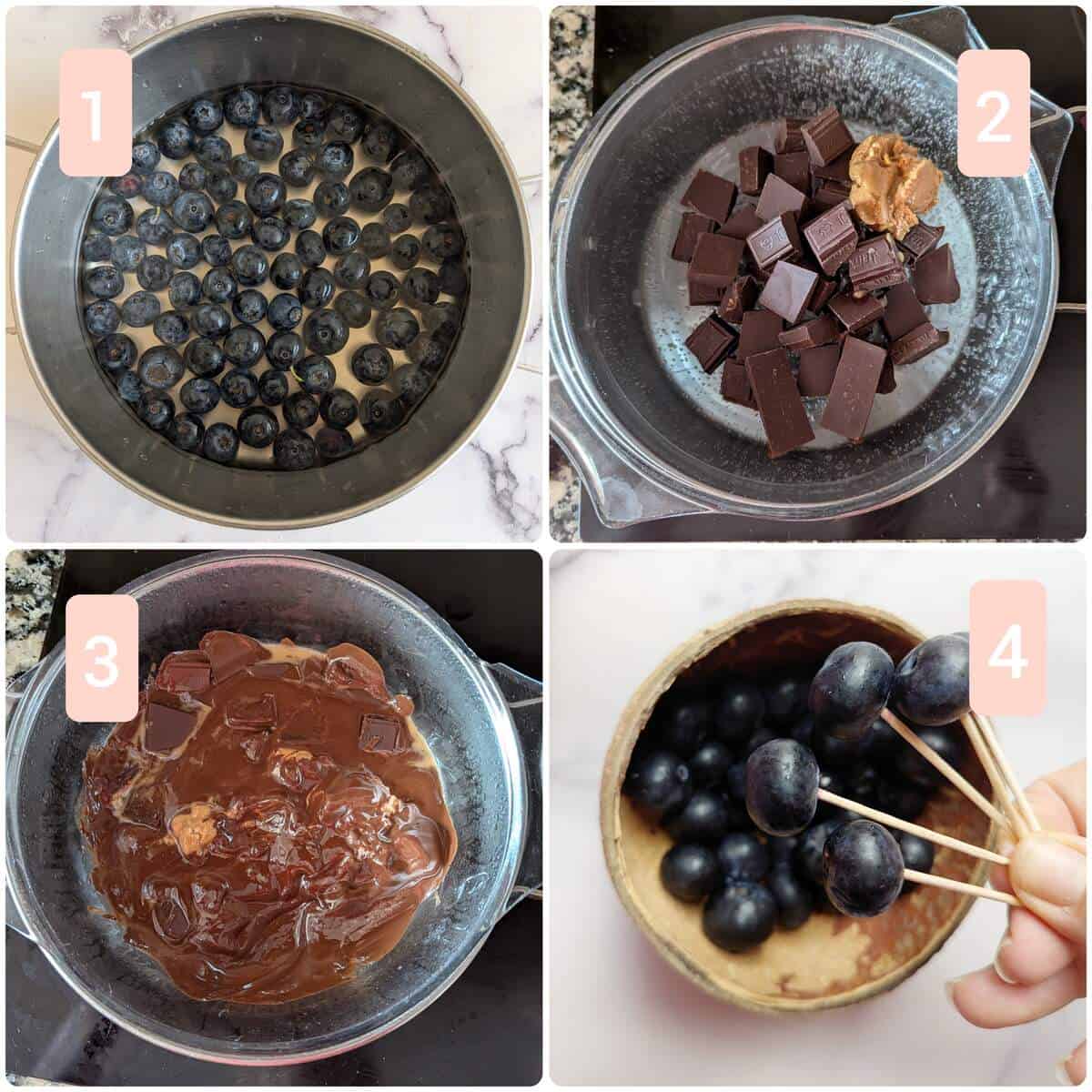 Step-by-step images showing how to make chocolate-covered blueberries: washing blueberries, melting chocolate with cashew butter in a bowl over a pan, stirring until smooth, and inserting blueberries onto cocktail sticks