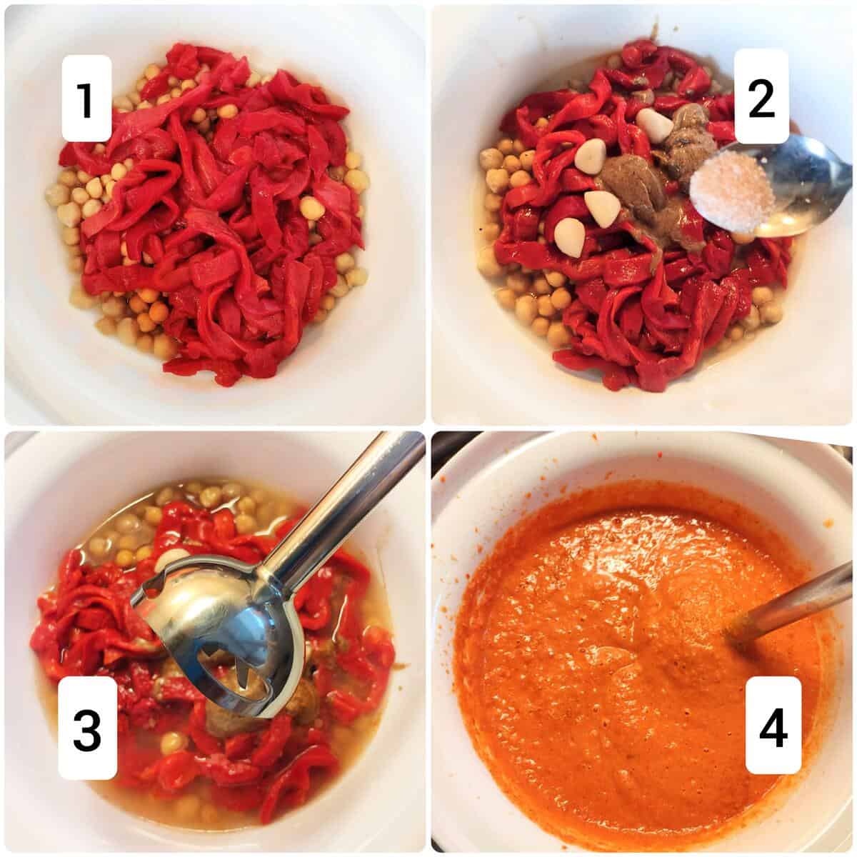 A 4-step collage image of how to make the hummus.