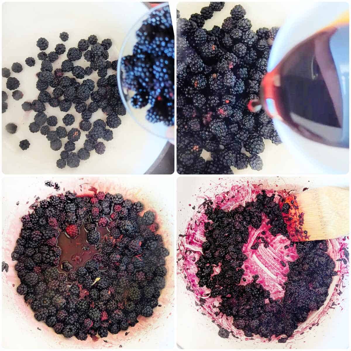 Four process pictures showing how to make blackberries.