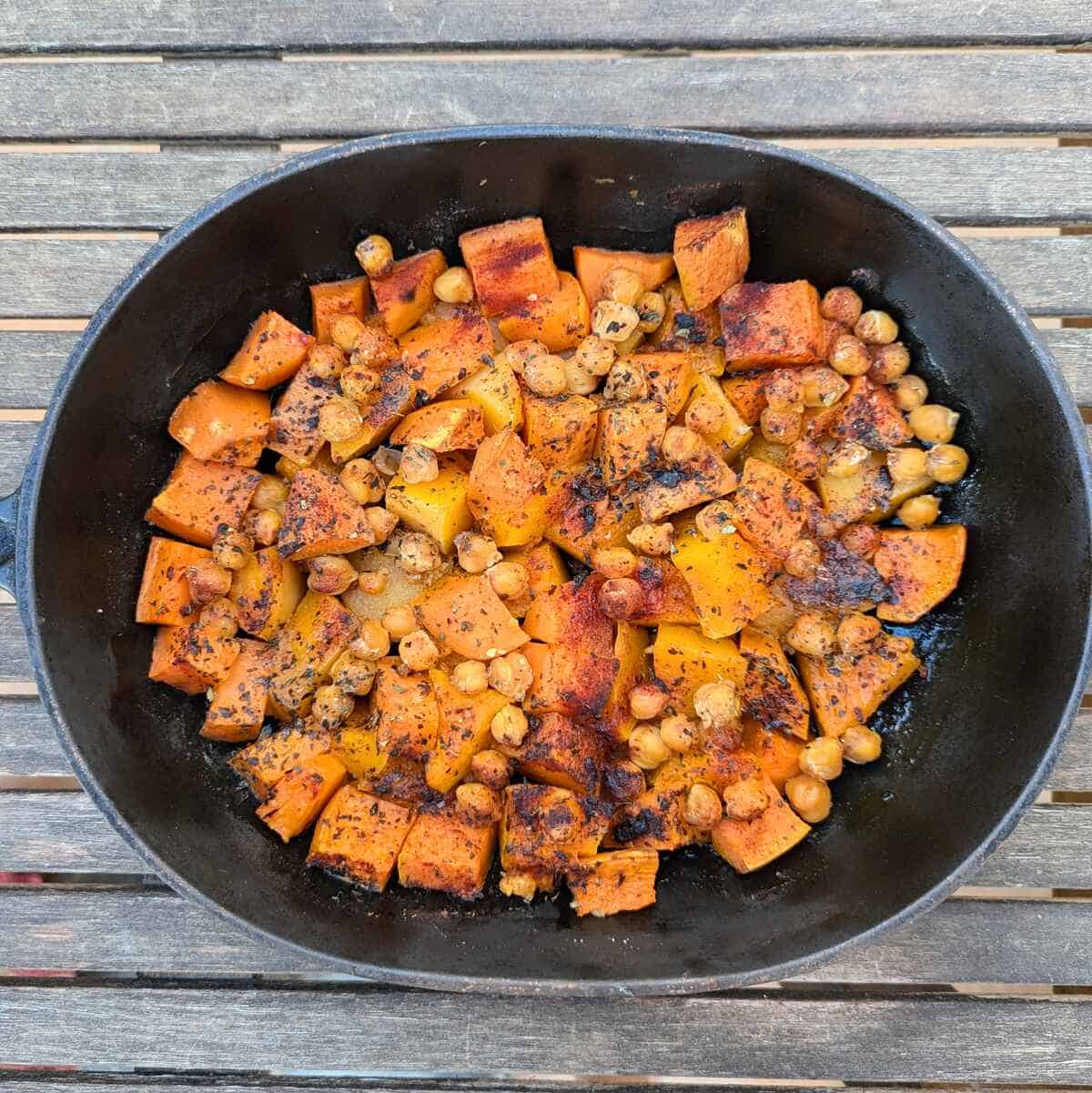 A pan of roasted quash, sweet potato and chickpeas.
