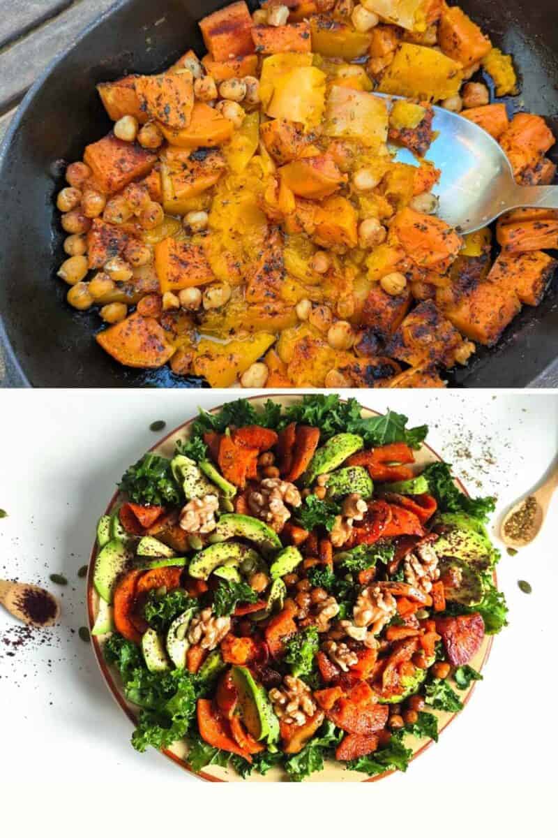 A collage of two images: Roasted vegetable salad in a pan, and below the chickpea salad with two spoons showing spices