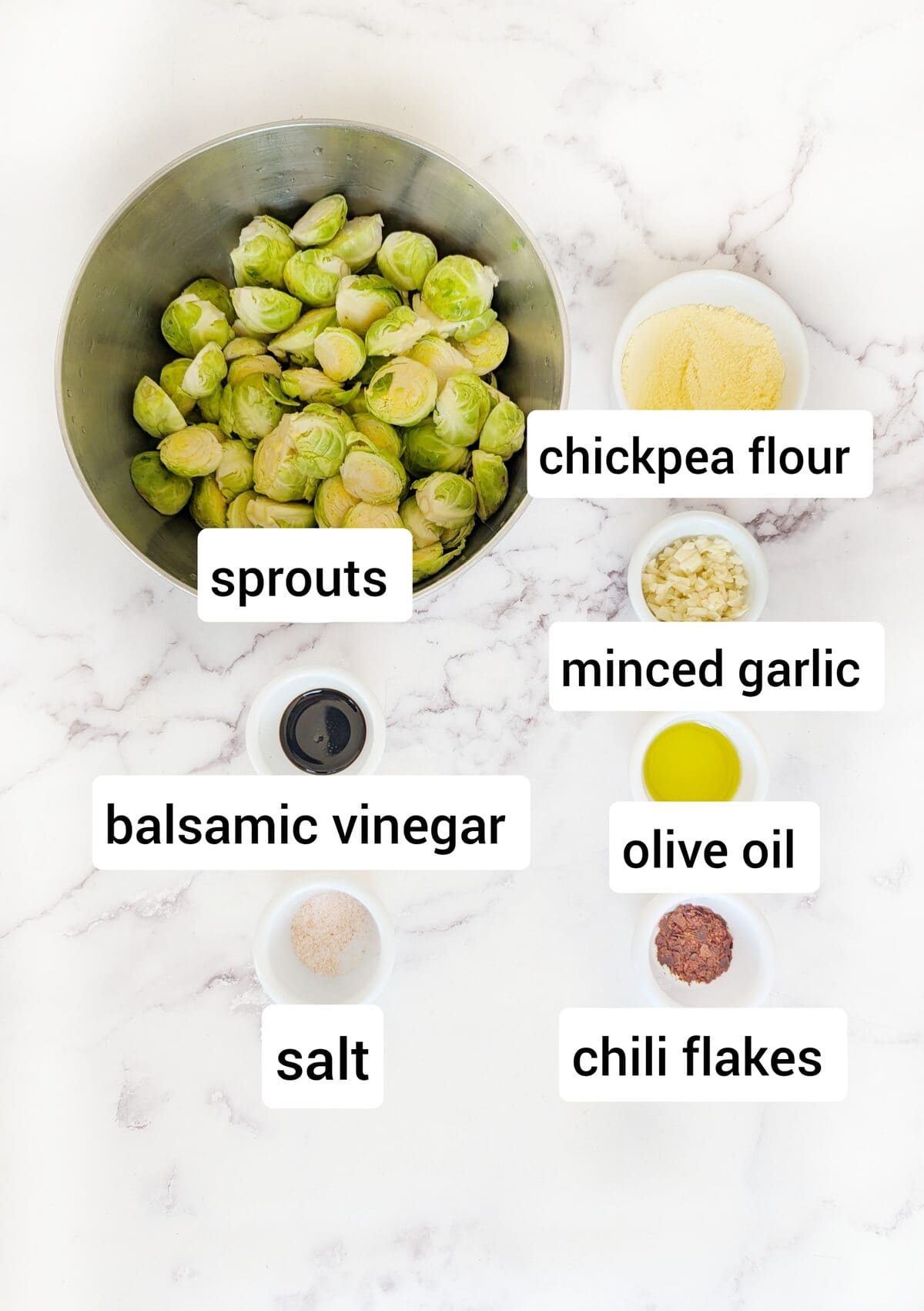 Ingredients for crispy Brussels sprouts recipe.