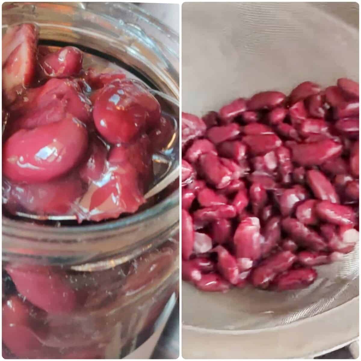 Adzuki beans in jar and drained in bowl