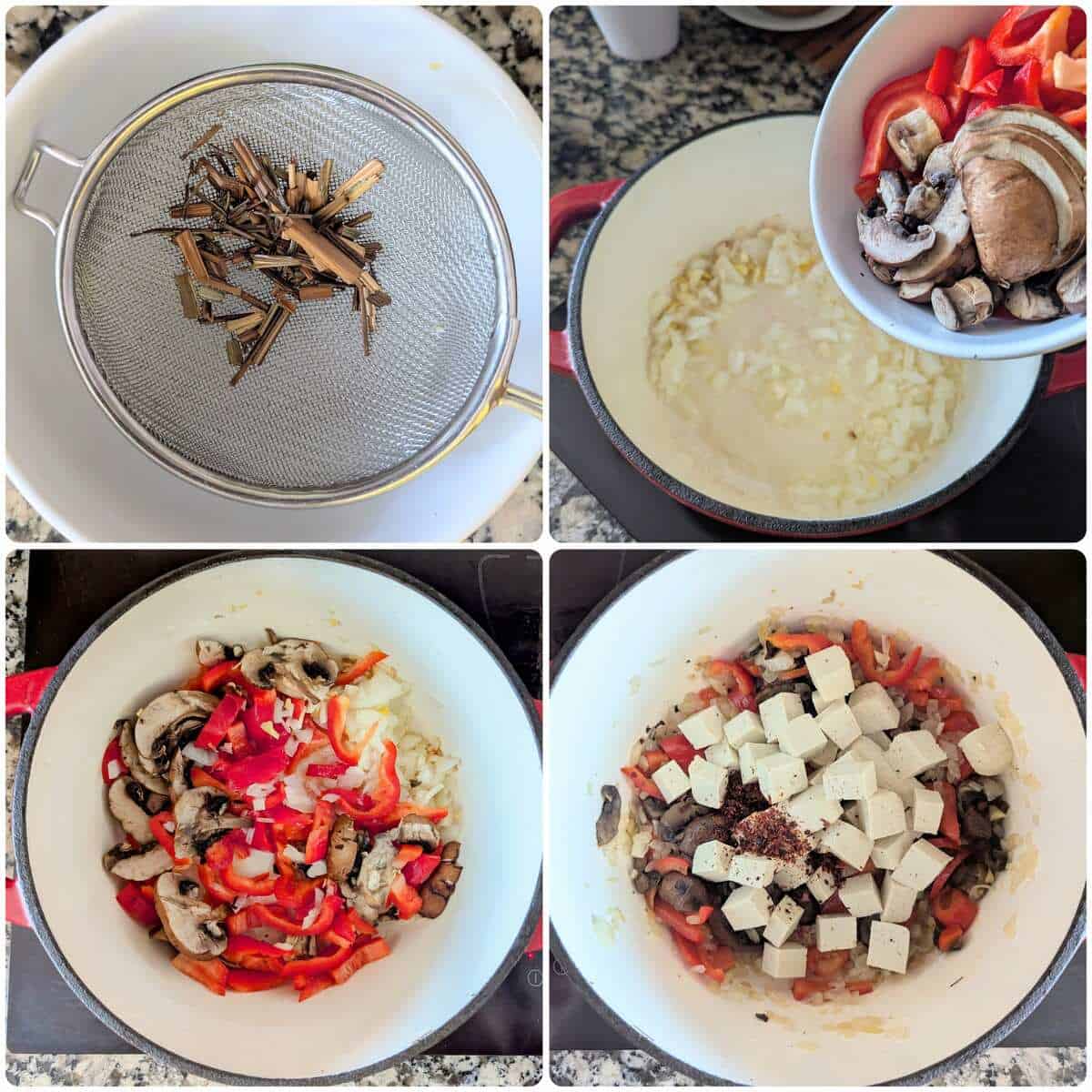 A collage of process shots showing how to make Thai tofu soup.