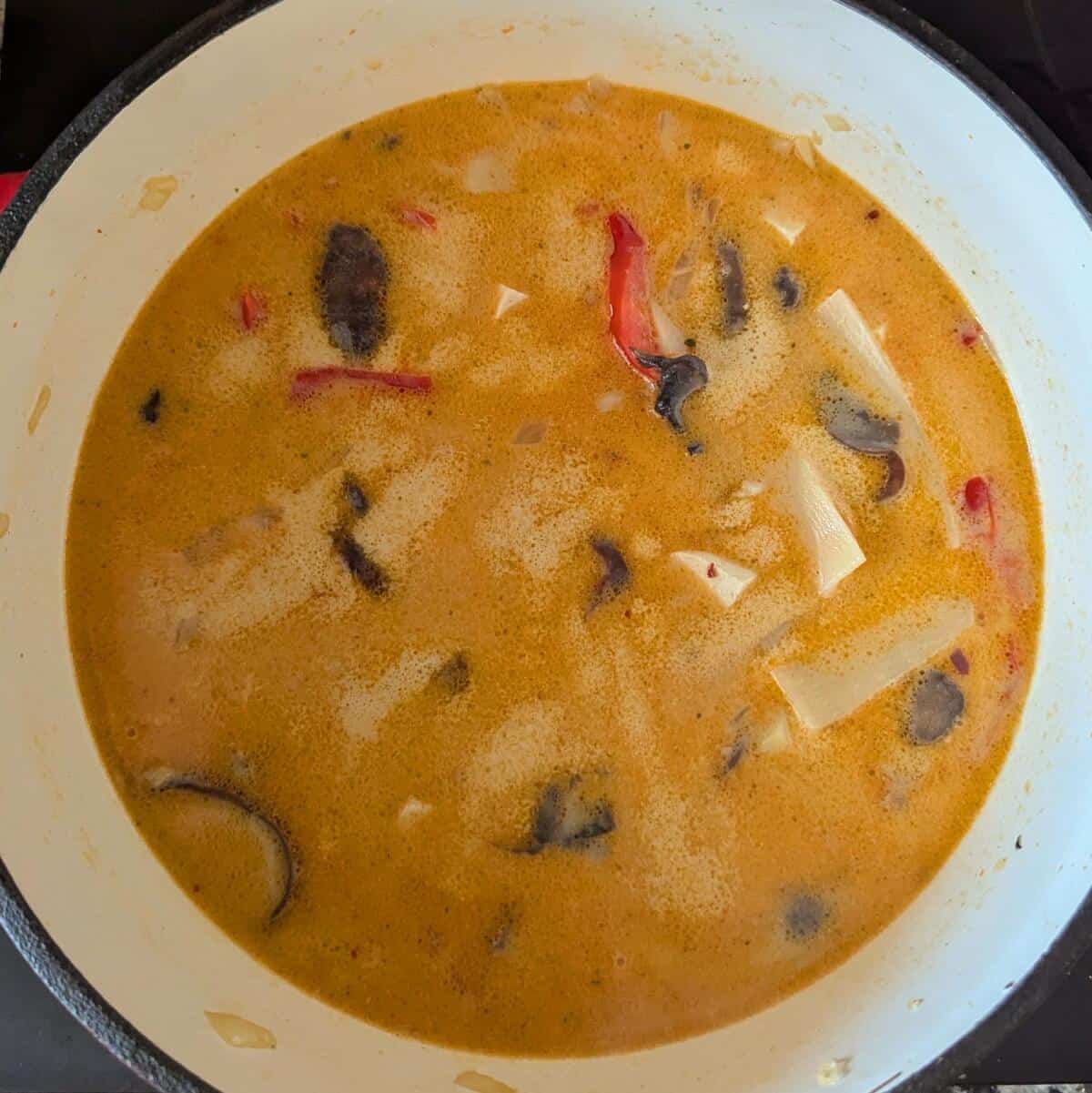 A bowl of Thai soup with tofu, cilantro and bamboo shoots.