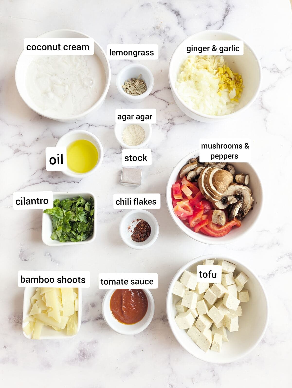 Ingredients for a Thai tofu soup with bamboo shoots.