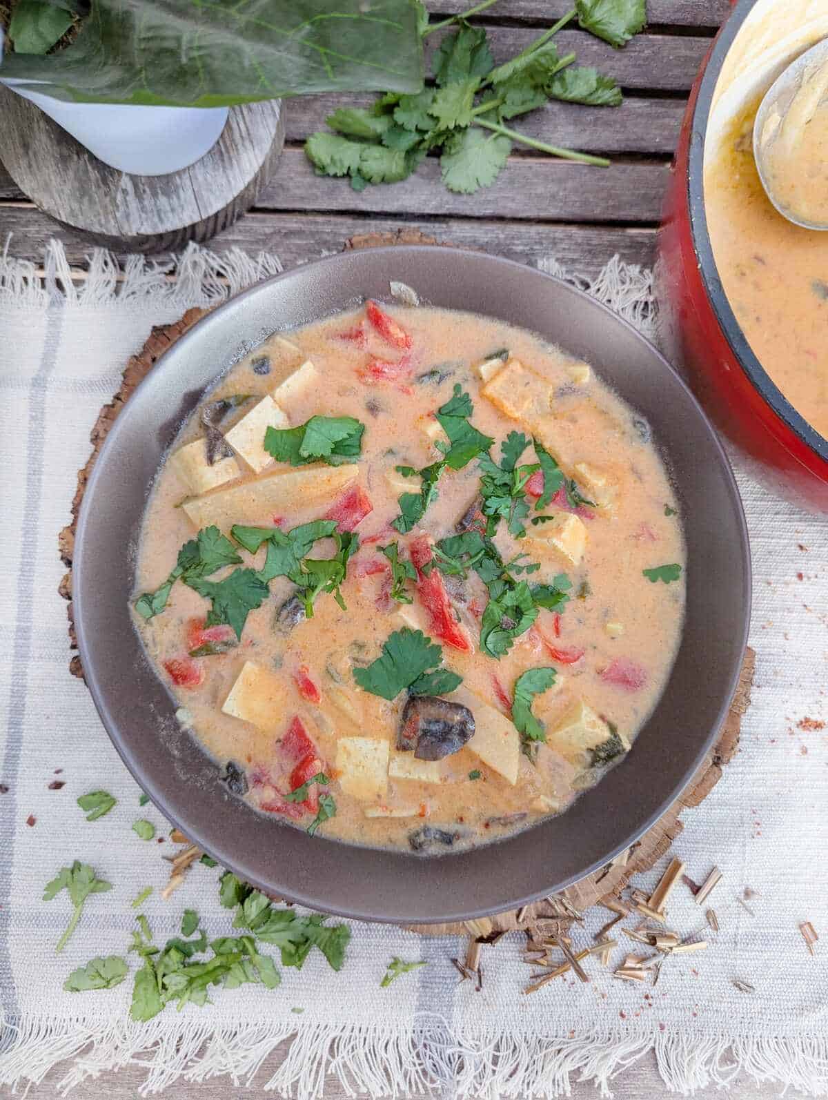A bowl of creamy creamy Thai soup with cilantro and lemongrass infront of the bowl.