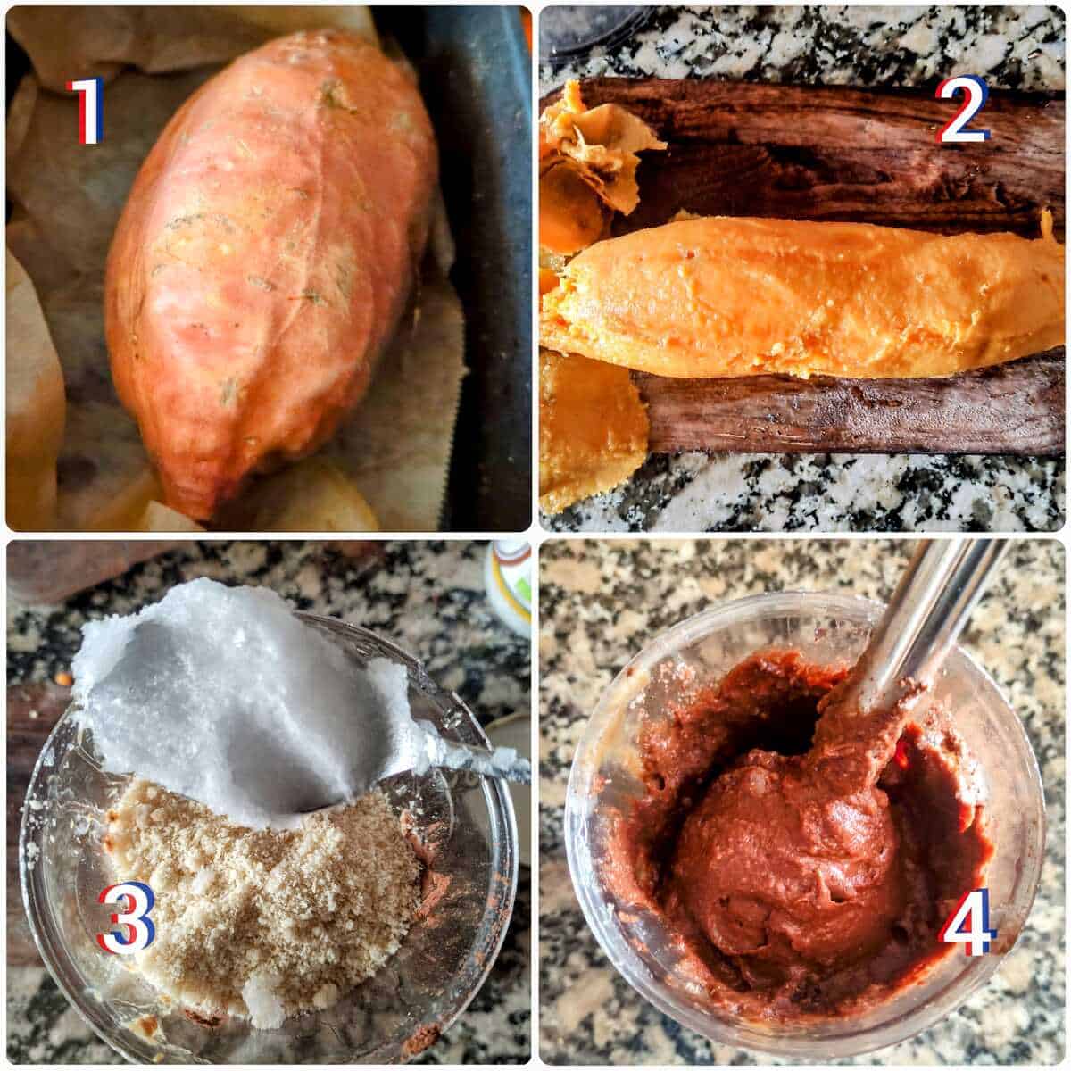 Vegan sweet potato vegan mint fudge process shots: Baking and peeling the potato, and blending the ingredients.