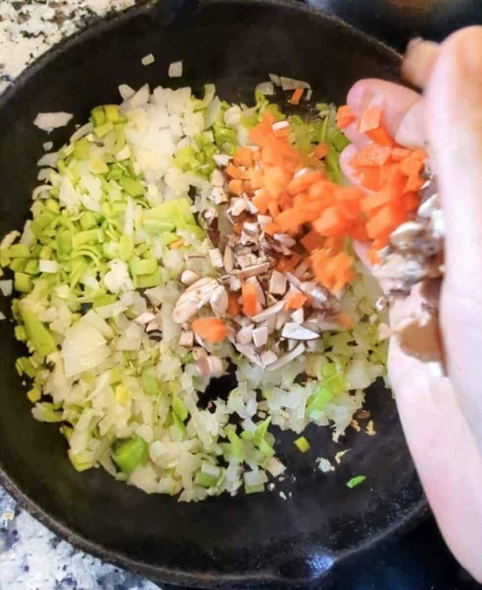 Cooked vegetables in a skillet for vegan recipes, healthy plant-based meal preparation.