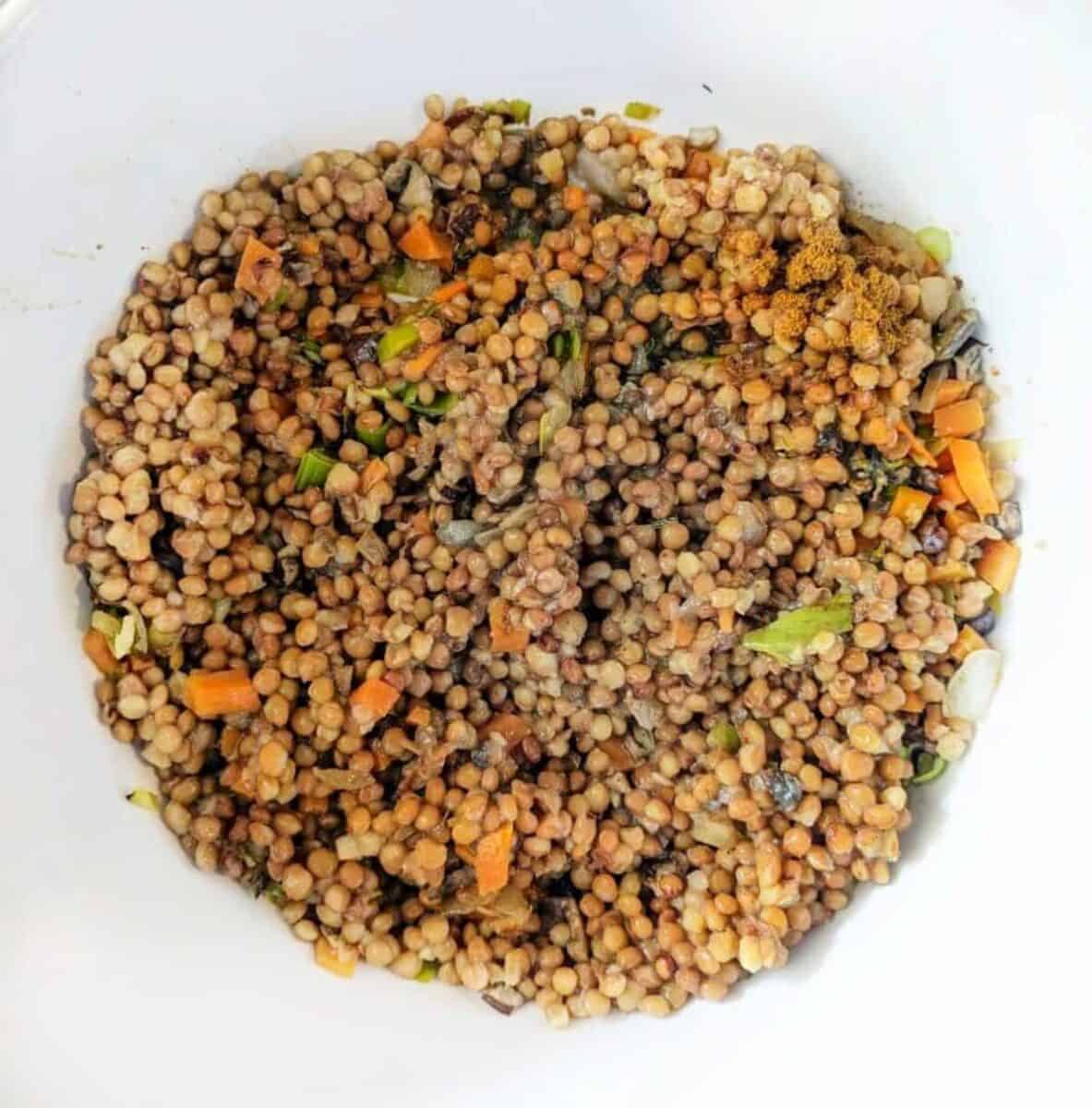 lentis and vegetable stir-fry in a white bowl.