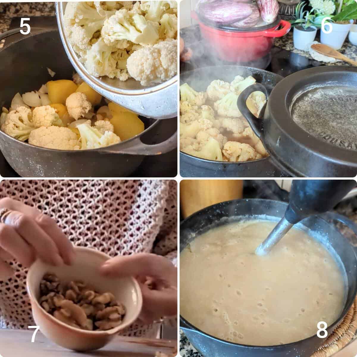 A process image of cooking and blending the potato cauliflower soup.