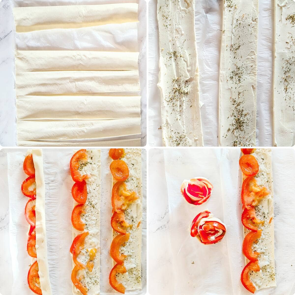 Process shots of puff pastry tomato roses: cutting the pastry, adding the filling, and rolling into roses.