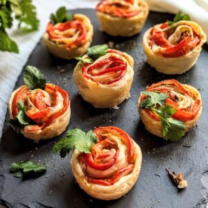 Puff pastry tomato roses with cheese and onion displayed on a black tray.