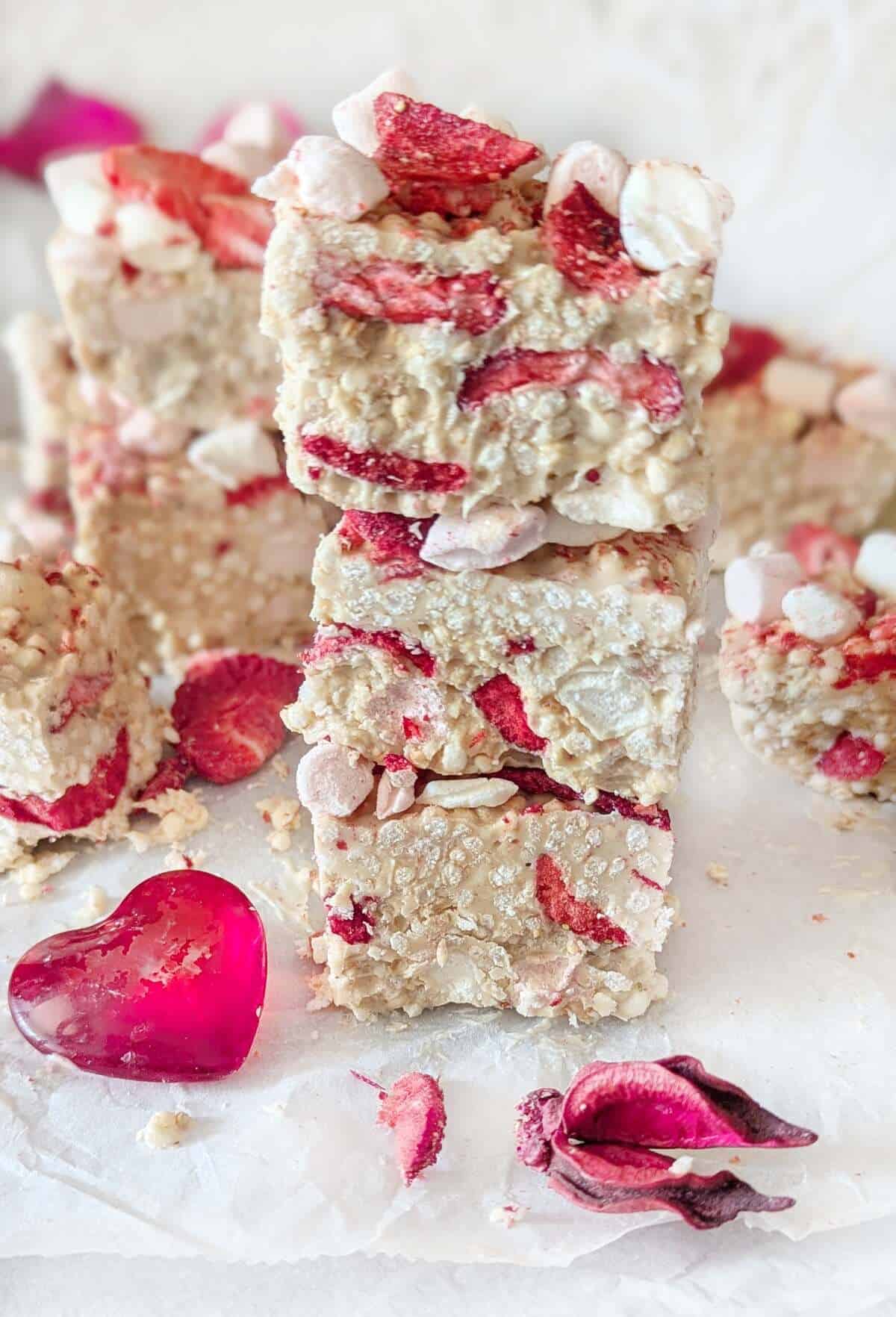 Stacked up chocolate strawberry quinoa bites with heart decorations surrounding the bites.