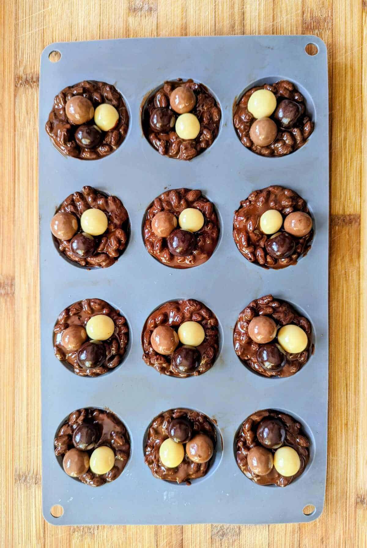 Chocolate puffed rice Easter cups, in a silicon muffin mould.