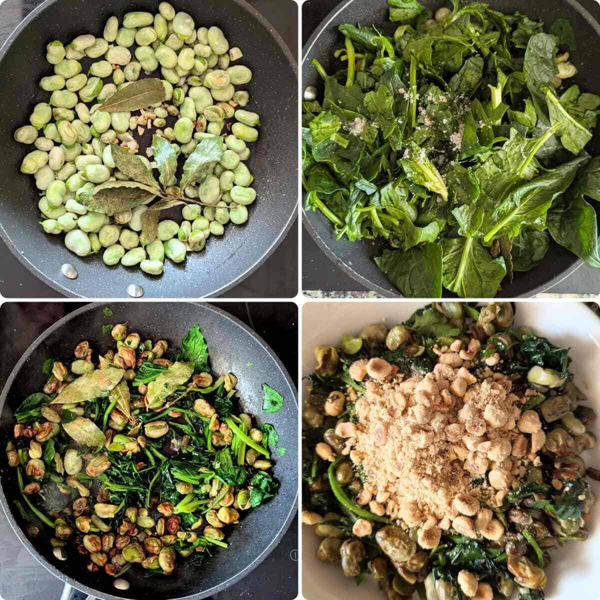 An image displaying for cooking shots for the spiancah and fave bean recipe.